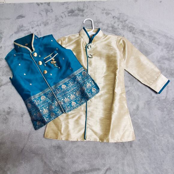 Kurta Suit Jacket & Vest Boys 2 Blue Turqoise Gold Button Front Wedding Indian - Picture 15 of 16